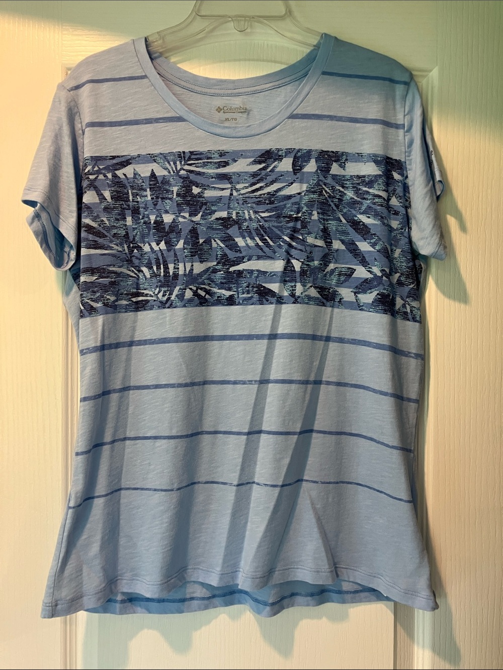 Columbia Light Blue Crew Neck Tee with Navy Tropical Stripe